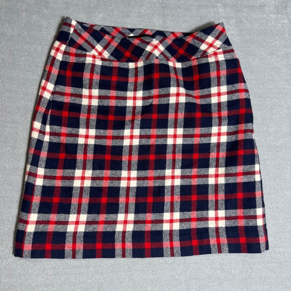 Talbots Petites Wool Blend Plaid Mini Skirt Navy Red White A-Line 2P Preppy